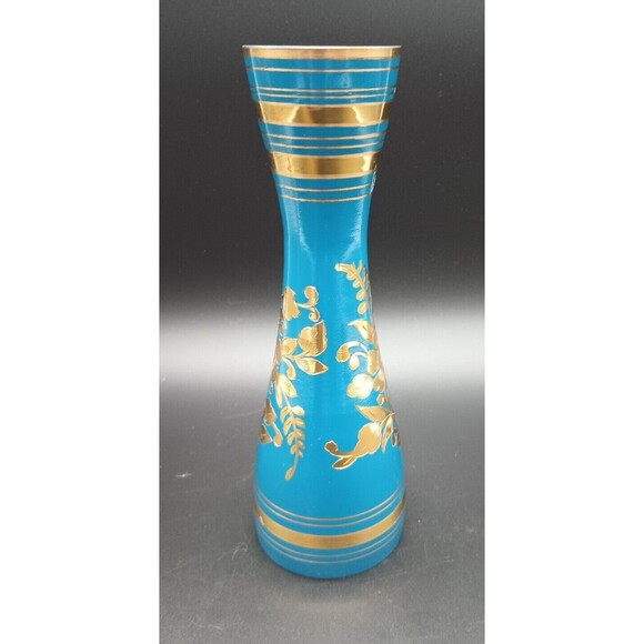 Vintage Blue And Gold Metal Engraved Bud Vase Made In India - Picture 2 of 7